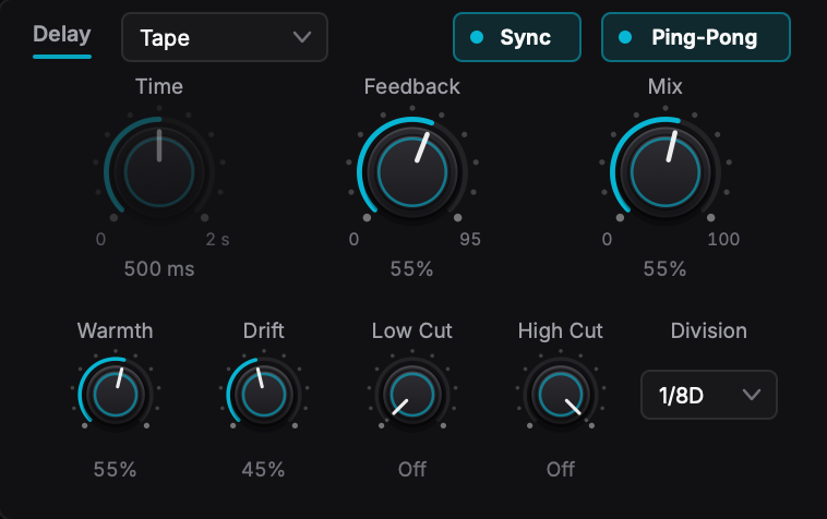 The AuroraX Delay section with Sync and Ping-Pong on: the Type menu set to Tape, the Time, Feedback, Mix, Warmth, Drift, Low Cut and High Cut knobs and the Division menu set to 1/8D