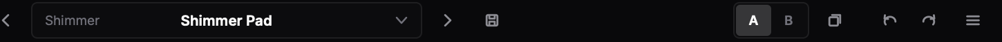The AuroraX header: previous and next preset arrows, the preset name with its category, save, the A and B slots, copy, undo, redo and the menu