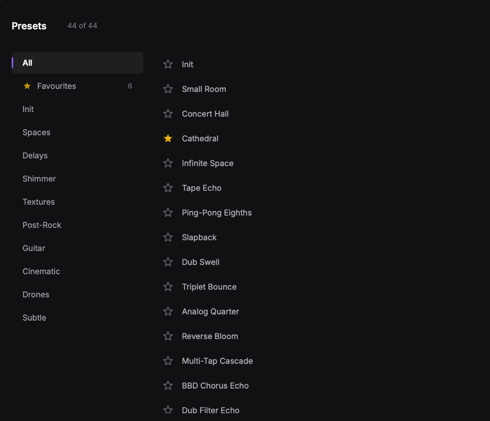 The AuroraX preset browser: categories and a Favourites filter on the left, a starred list of presets on the right