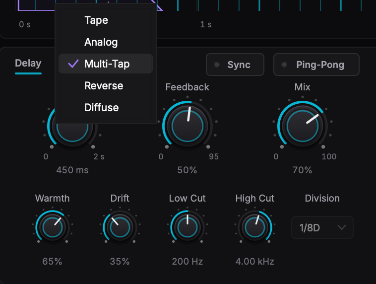 The AuroraX Delay section with its Type menu open: Tape, Analog, Multi-Tap, Reverse and Diffuse, with Multi-Tap ticked, above the Feedback, Mix, Warmth, Drift, Low Cut and High Cut knobs