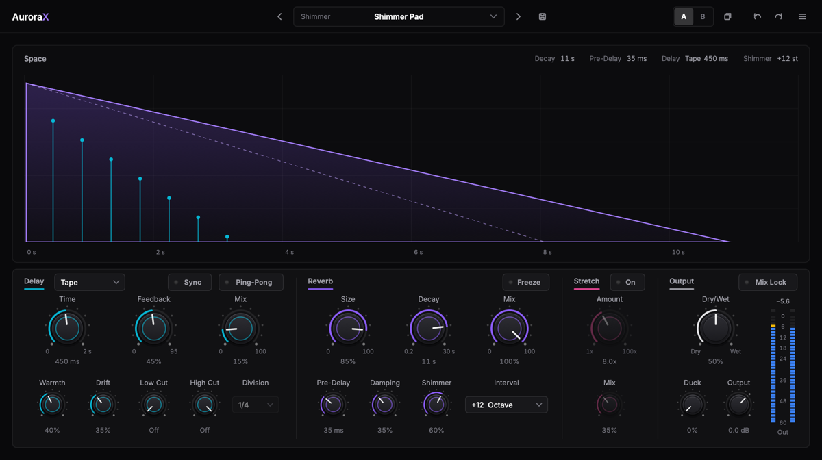The AuroraX plug-in window: the Space display shows delay repeats as cyan bars under a purple reverb decay, with the Delay section (its Type menu on Tape), Reverb, Stretch and Output sections and a level meter below